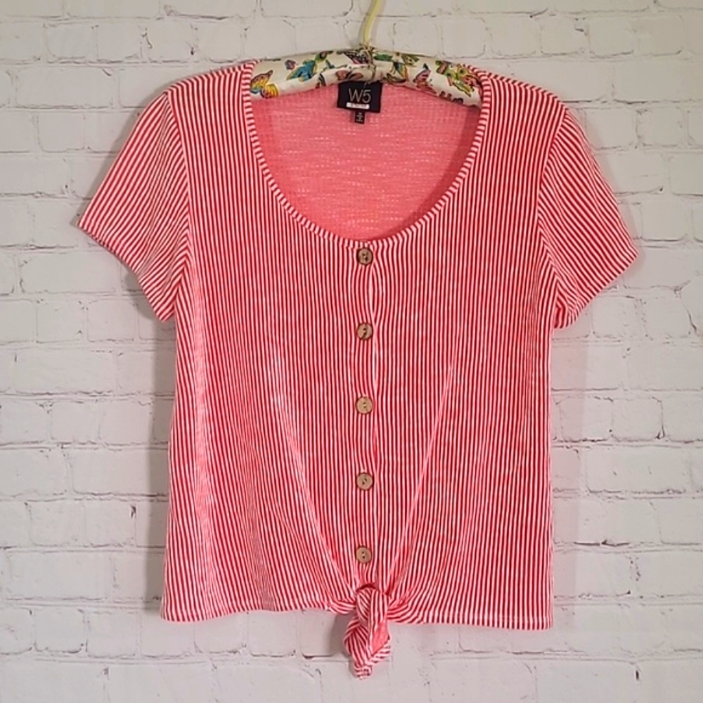 W5 Red & White Stripe Wood Button Front Tie Rockabilly Tee Tshirt Womens Size M - Picture 10 of 16